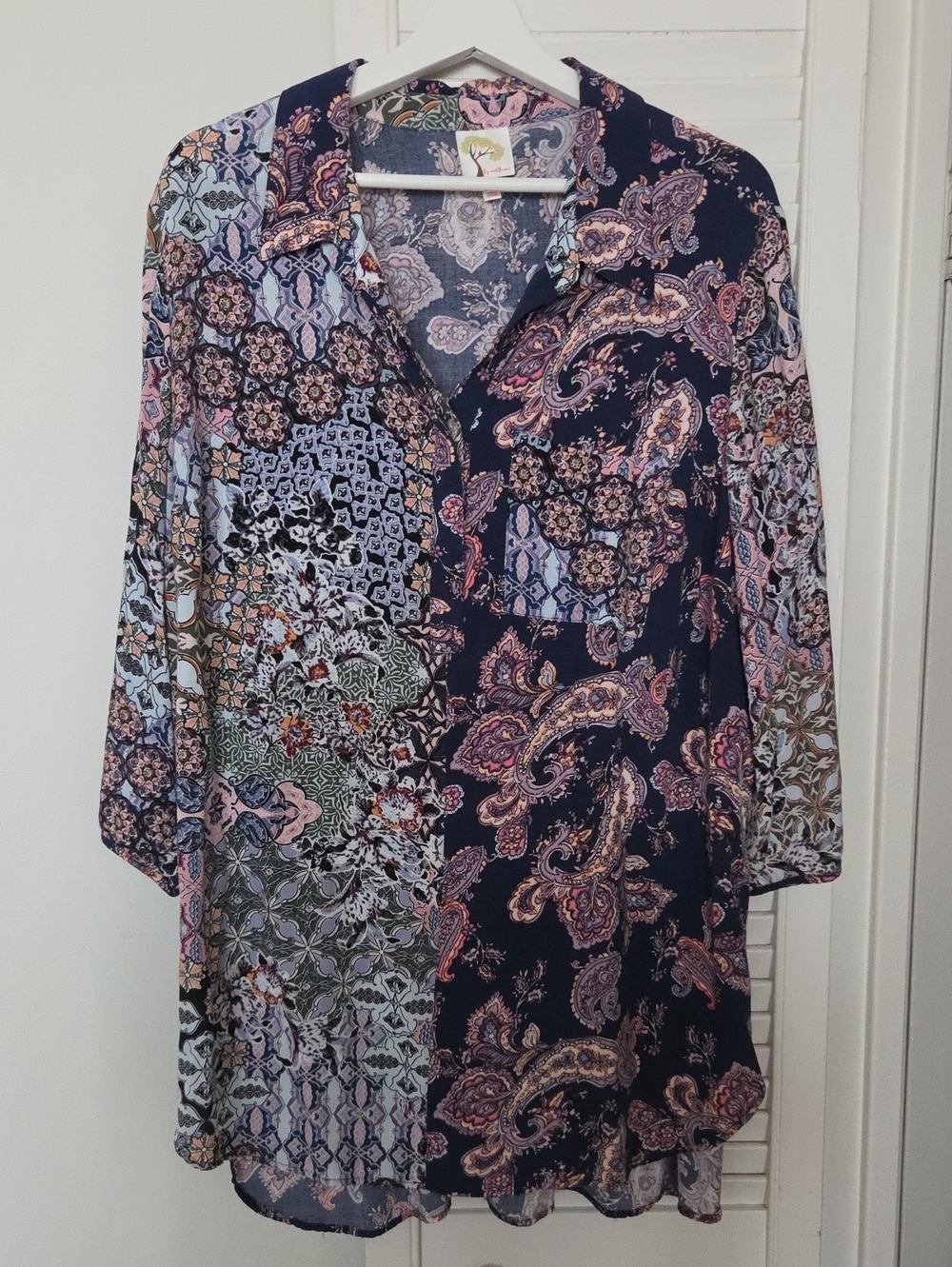 Navy Paisley Patchwork Print Collared Viscose Tunic Top 2XL